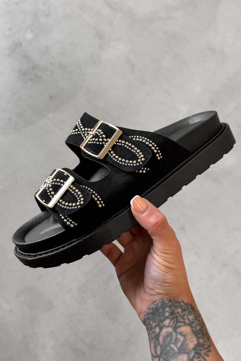 MARLIN Chunky  Embroidered Buckle Sandals - Black