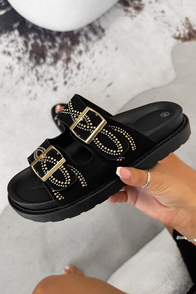 MARLIN Chunky  Embroidered Buckle Sandals - Black