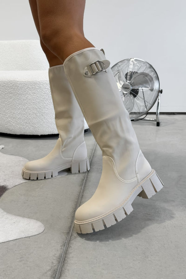 MAYA Chunky Buckle Rain Boots - Beige - 3