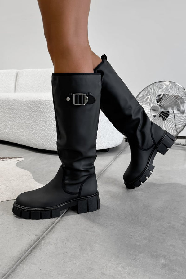 MAYA Chunky Buckle Rain Boots - Black - 1