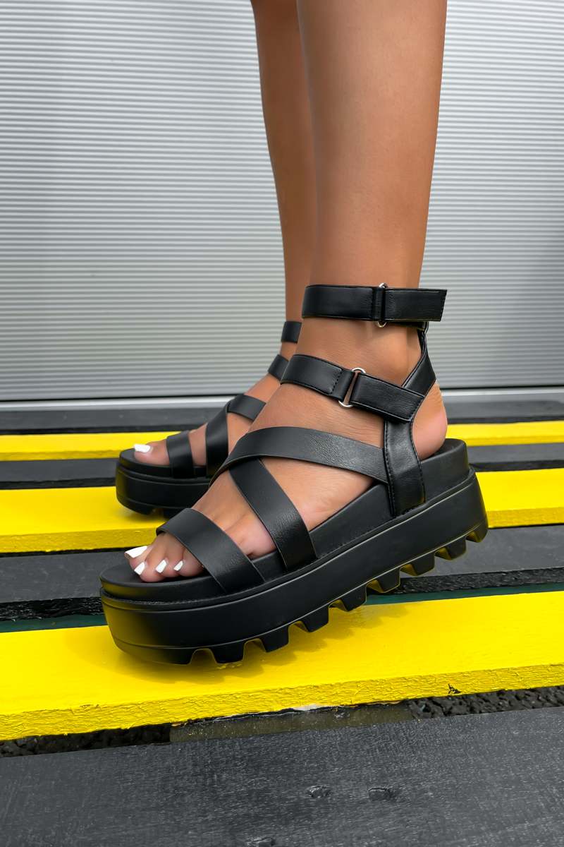 MEAN IT Chunky Platform Velcro Strap Gladiator Sandals - Black - 7