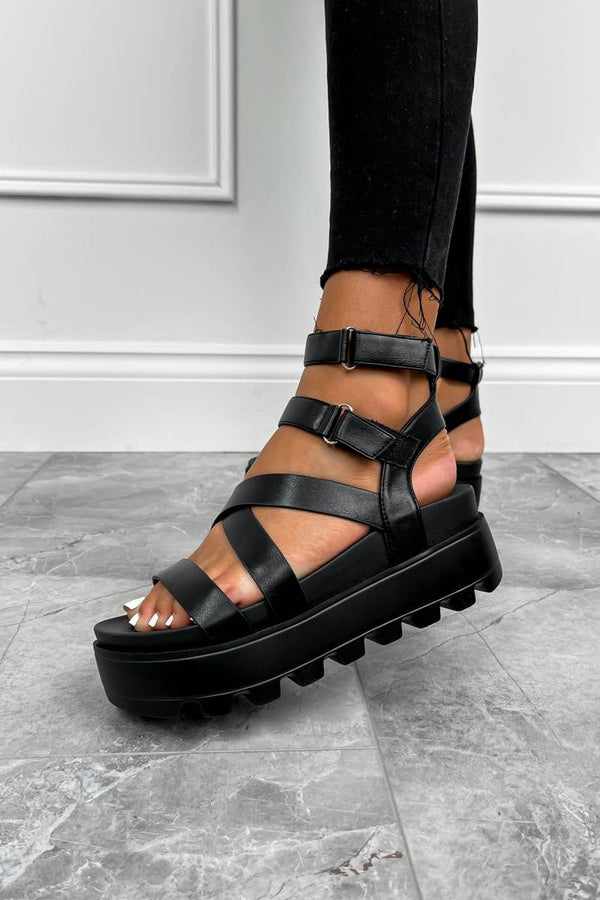 MEAN IT Chunky Platform Velcro Strap Gladiator Sandals - Black - 6