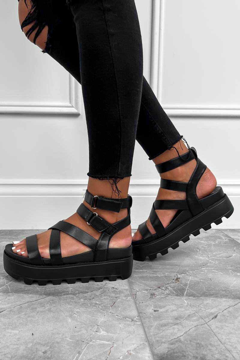 MEAN IT Chunky Platform Velcro Strap Gladiator Sandals - Black - 5