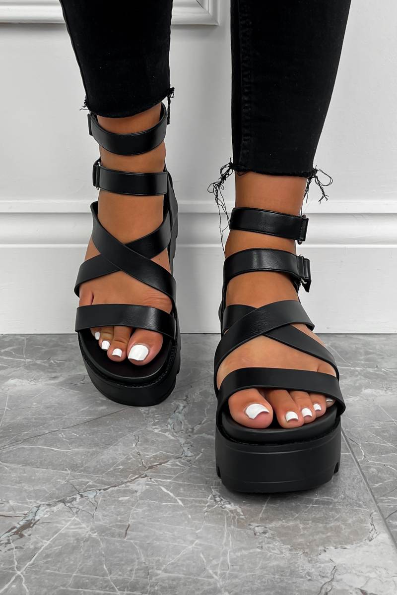 Chunky Platform Velcro Strap Gladiator Sandals - Black – AJ VOYAGE