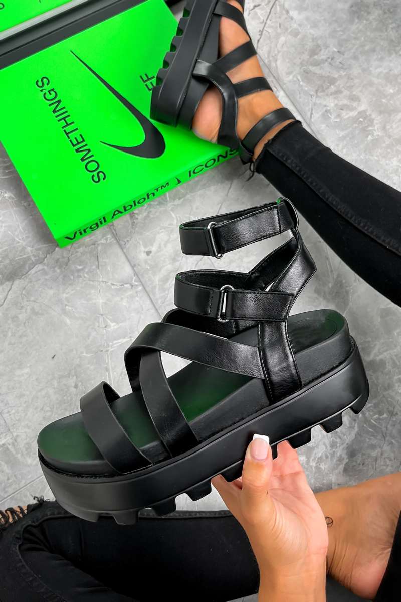 MEAN IT Chunky Platform Velcro Strap Gladiator Sandals - Black - 3