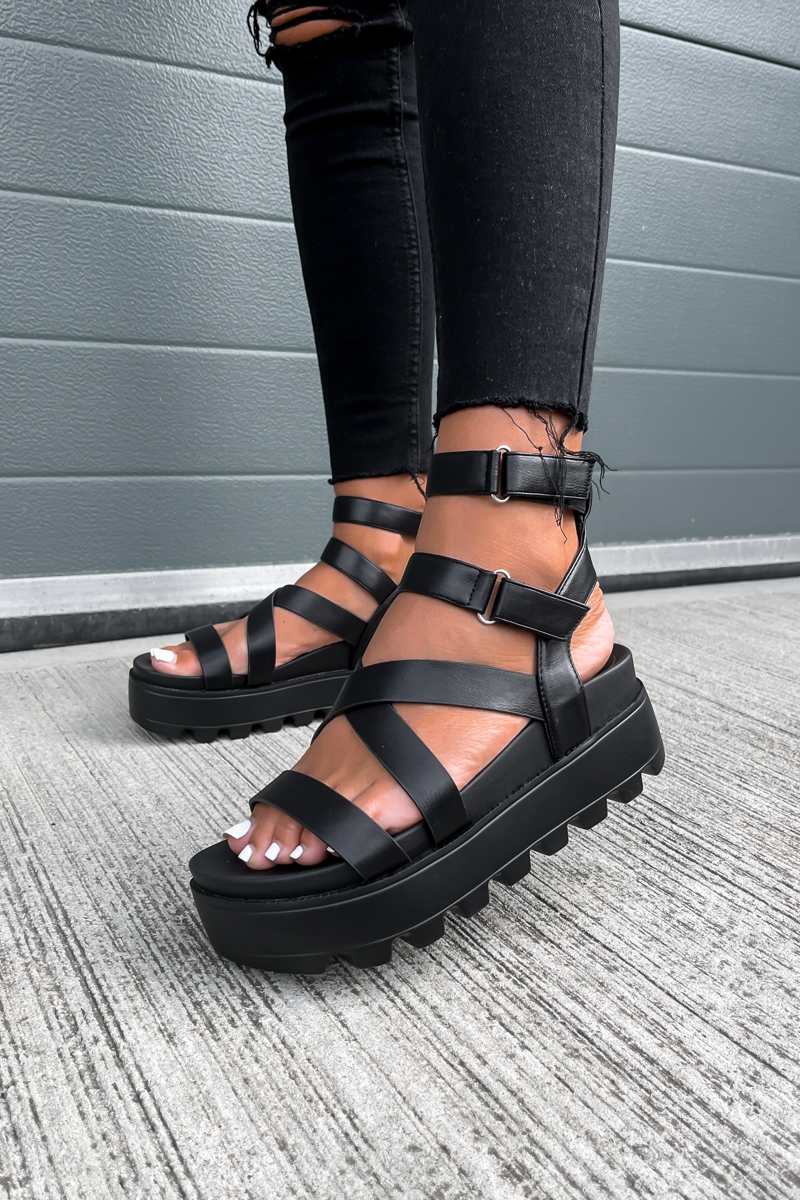 MEAN IT Chunky Platform Velcro Strap Gladiator Sandals - Black - 8