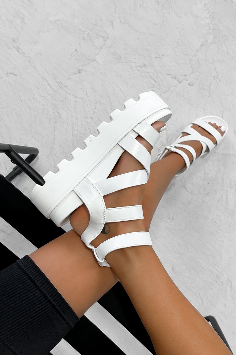 Chunky Platform Velcro Strap Gladiator Sandals White AJ VOYAGE