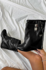 MELDA Flared Calf Wedge Boots - Black PU - 2