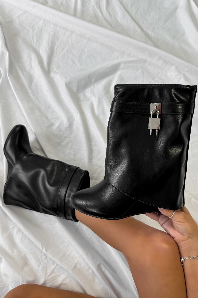 MELDA Flared Calf Wedge Boots - Black PU - 2