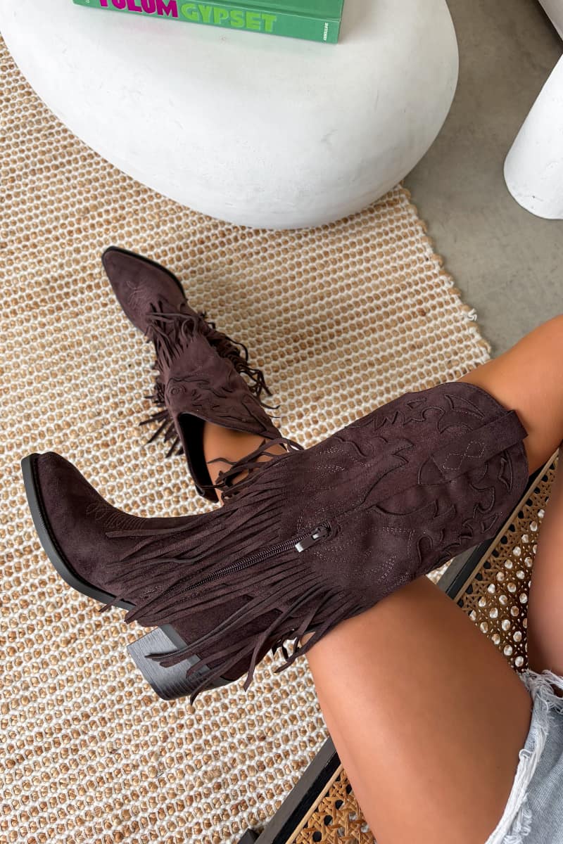 MIAMI Tassel Suede Cowboy Western Boots - Brown - 5