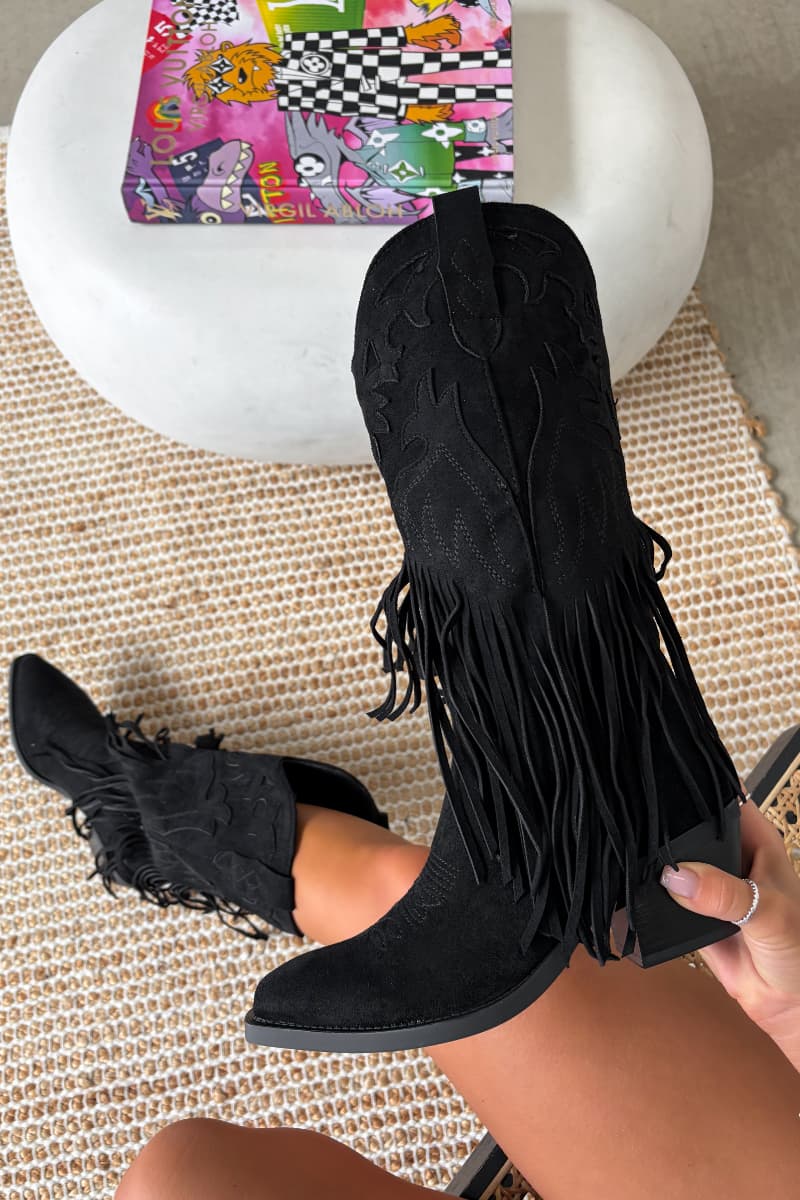 MIAMI Tassel Suede Cowboy Western Boots - Black