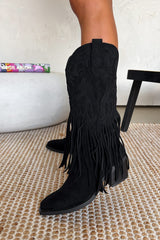 MIAMI Tassel Suede Cowboy Western Boots - Black - 1