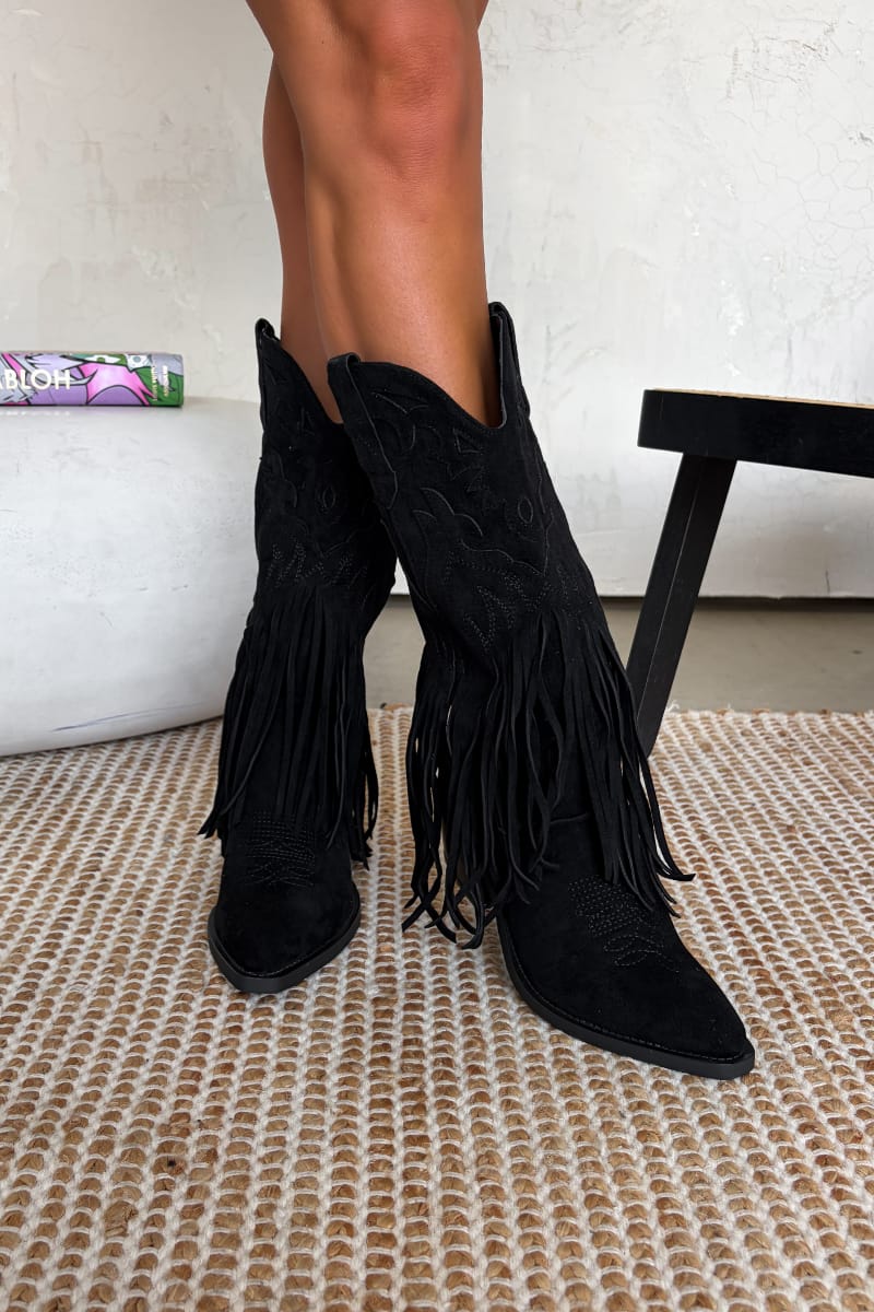 MIAMI Tassel Suede Cowboy Western Boots - Black - 3