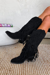 MIAMI Tassel Suede Cowboy Western Boots - Black - 4