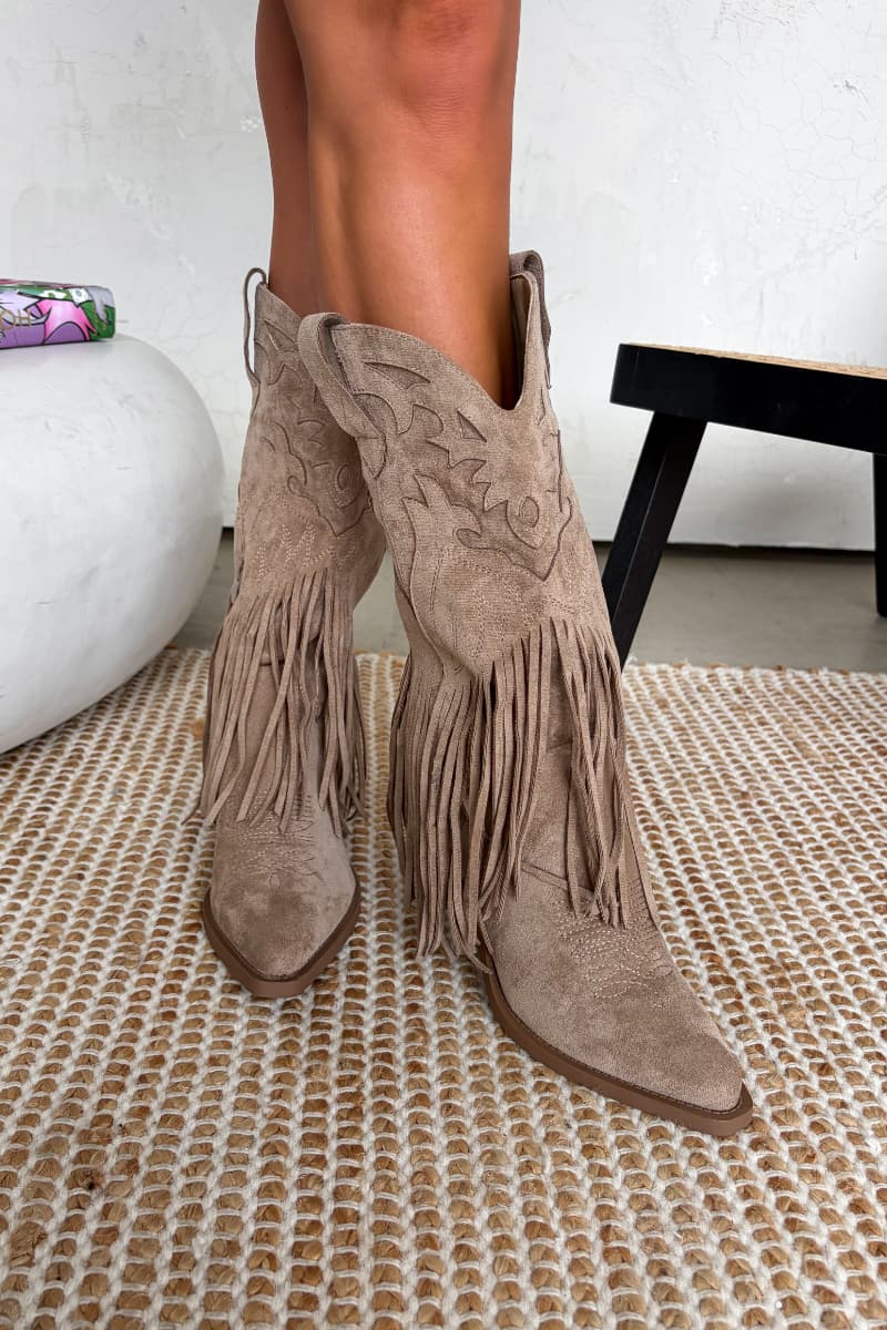 MIAMI Tassel Suede Cowboy Western Boots - Taupe - 4