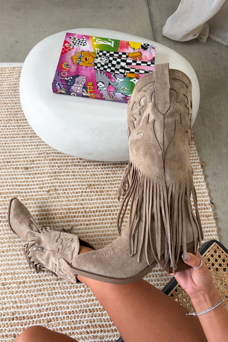 MIAMI Tassel Suede Cowboy Western Boots - Taupe - 4