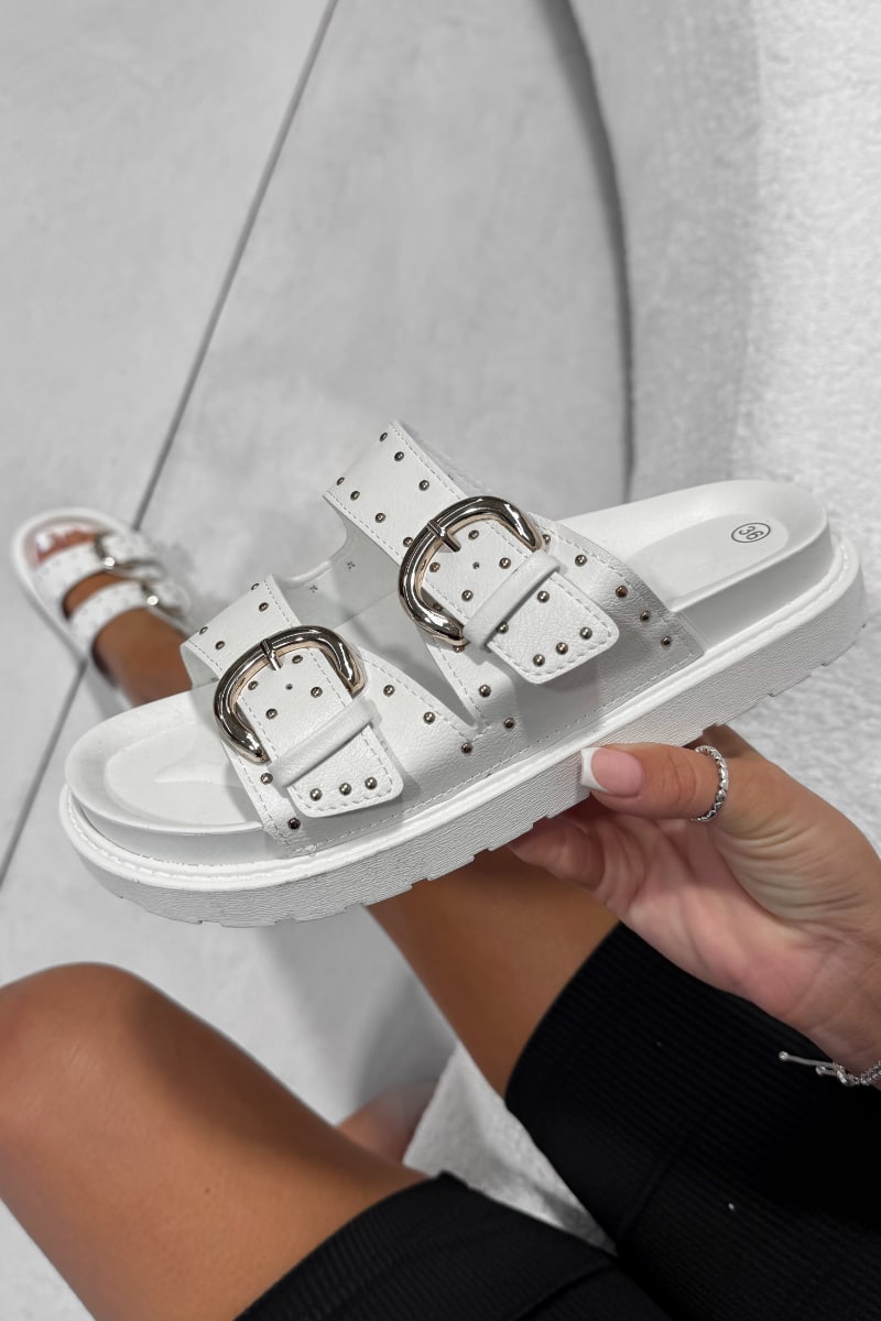 MIA Chunky Studded Buckle Sandals - White - 4