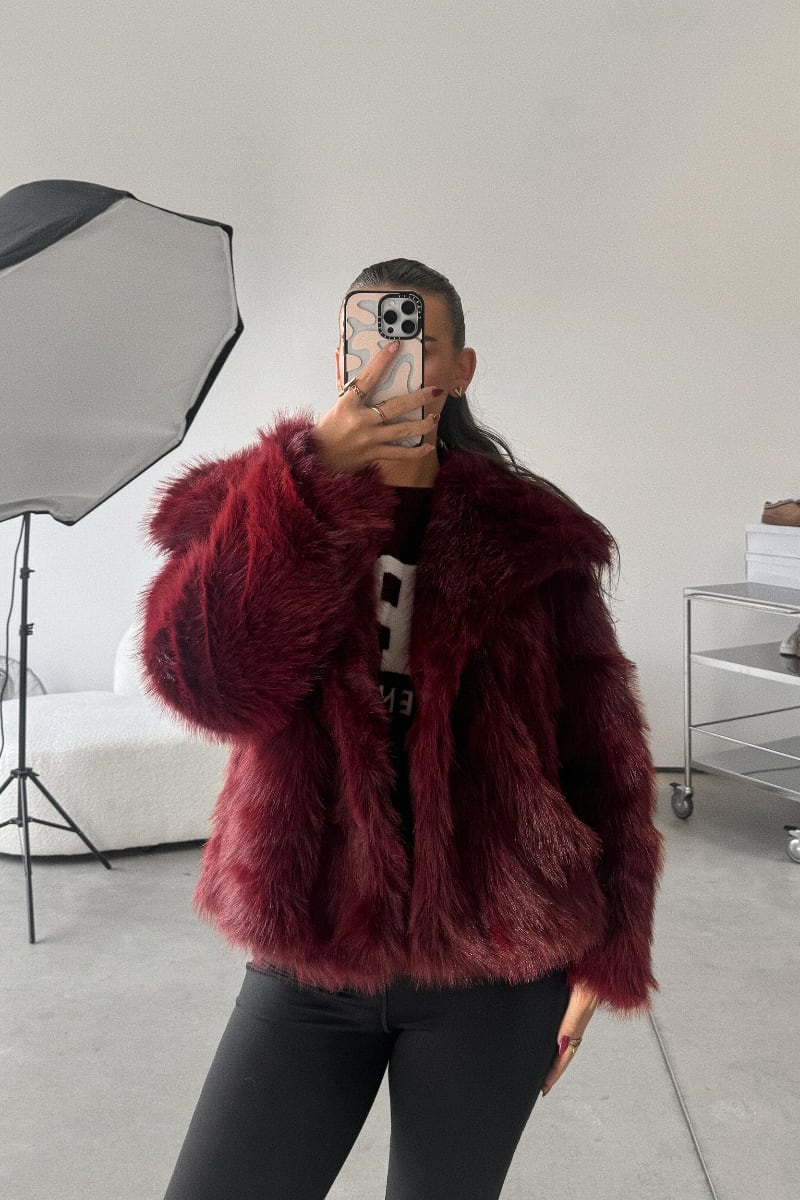 Red faux fur coat with hood top