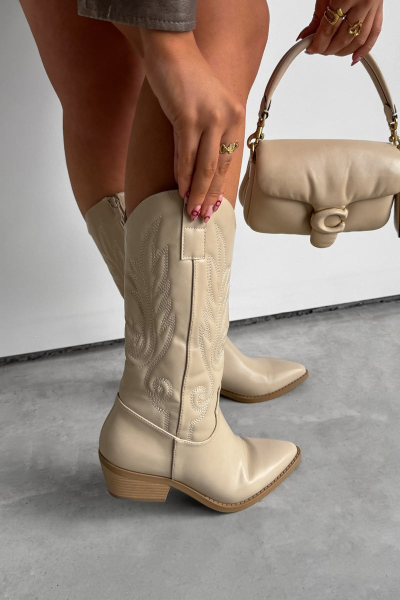 MINA Cowboy Western Ankle Boots - Beige - 1