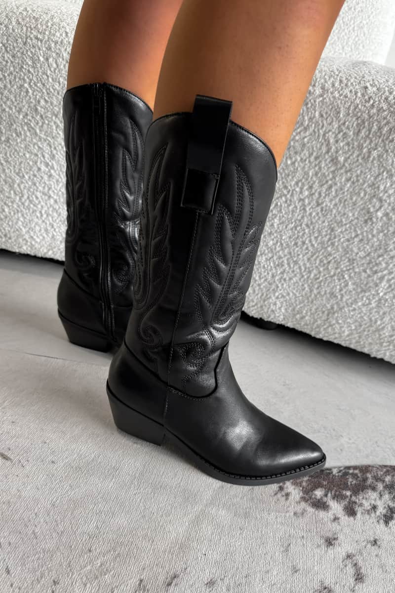 MINA Cowboy Western Ankle Boots - Black-7