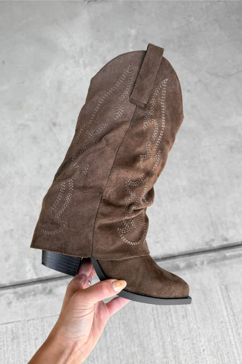 MONTANA Slouched Cowboy Western Boots - Brown Suede - 1