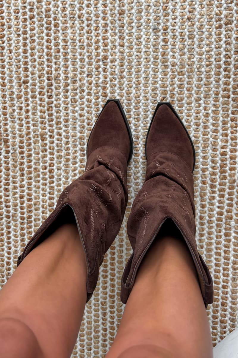 MONTANA Slouched Cowboy Western Boots - Brown Suede - 5