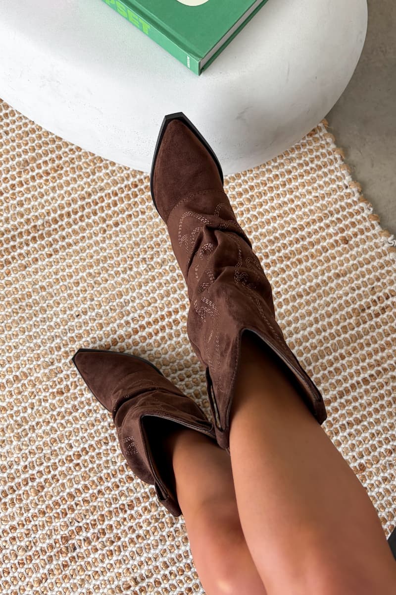 MONTANA Slouched Cowboy Western Boots - Brown Suede - 1
