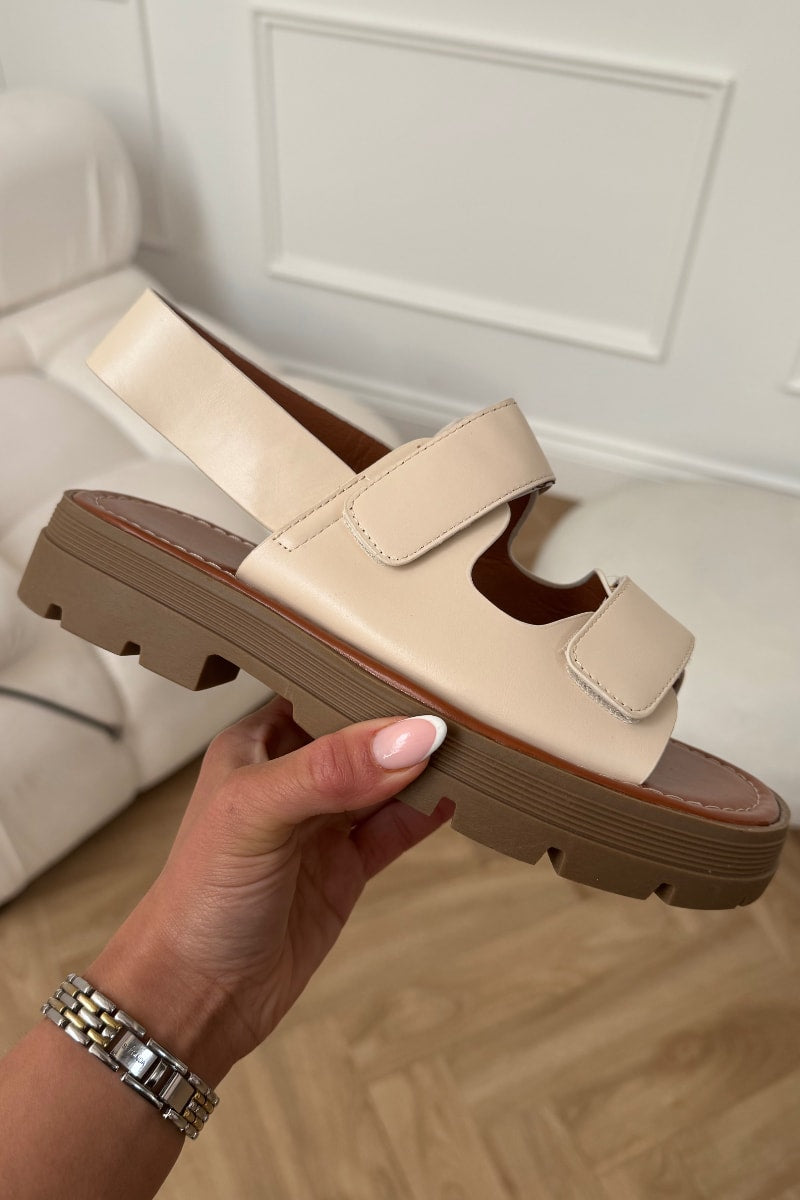 MYA Chunky Velcro Strap Gladiator Sandals - Beige PU