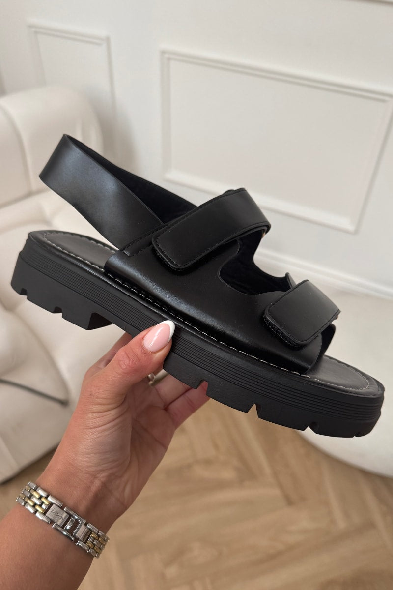 MYA Chunky Velcro Strap Gladiator Sandals - Black PU