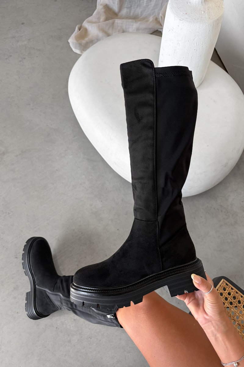MYA Knee High Platform Boots - Black Suede