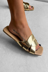 MYKONOS Woven Strap Flat Slider Sandal - Gold - 3