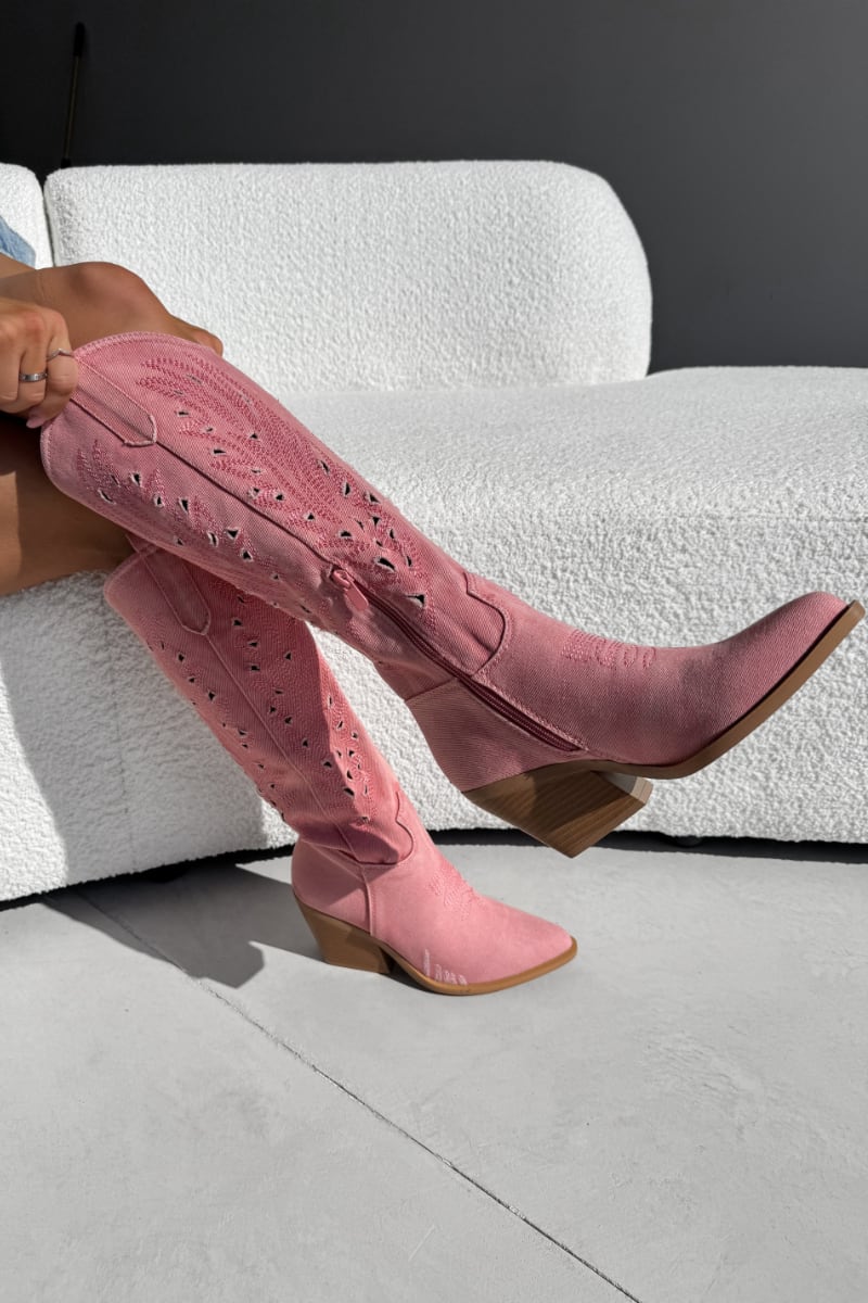 NASHVILLE Knee High Cut Out Cowboy Western Boots - Pink
