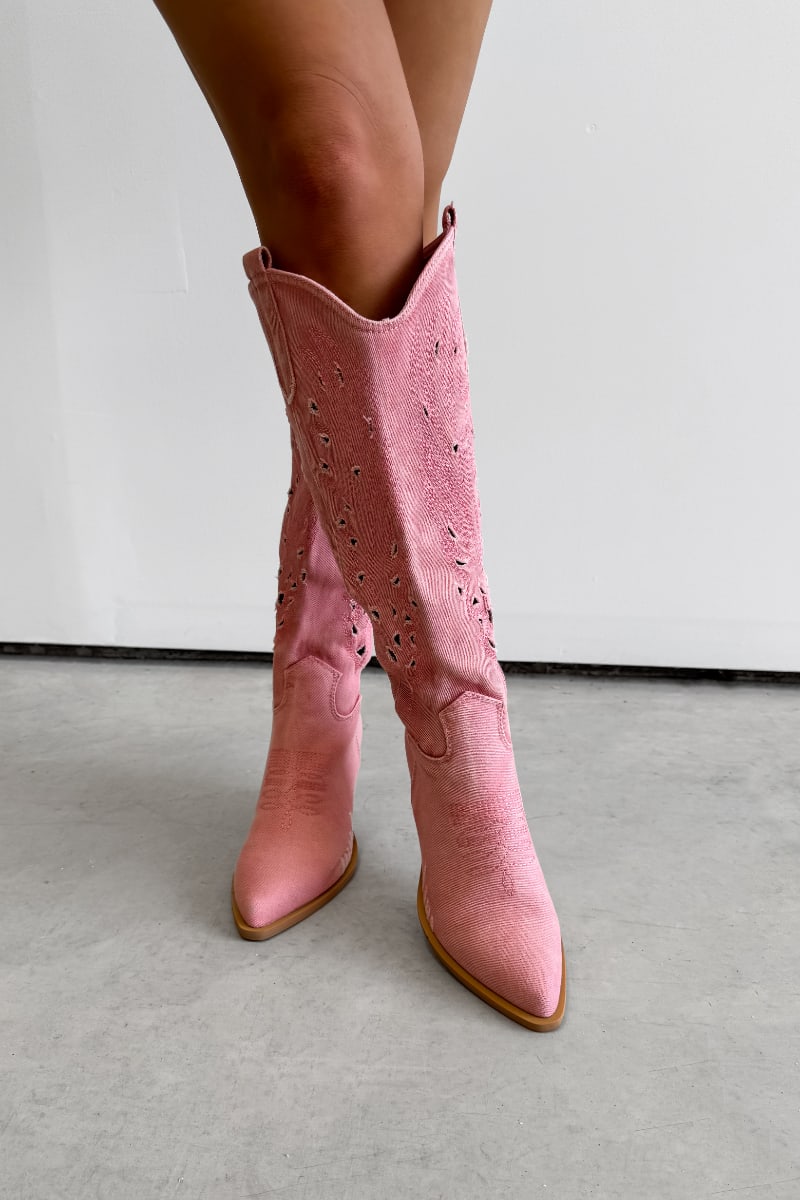 NASHVILLE Knee High Cut Out Cowboy Western Boots - Pink - 1