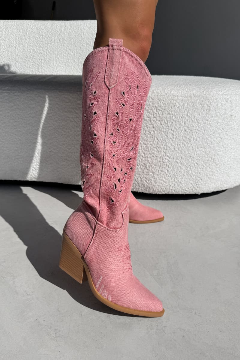 NASHVILLE Knee High Cut Out Cowboy Western Boots - Pink - 2
