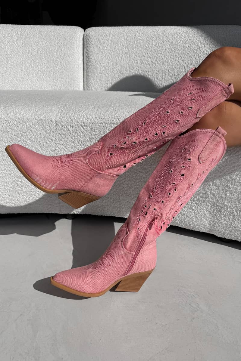 NASHVILLE Knee High Cut Out Cowboy Western Boots - Pink - 3