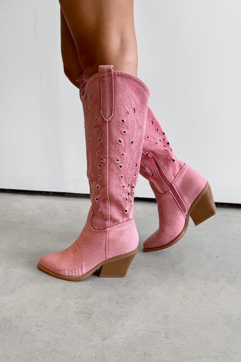 NASHVILLE Knee High Cut Out Cowboy Western Boots - Pink - 4