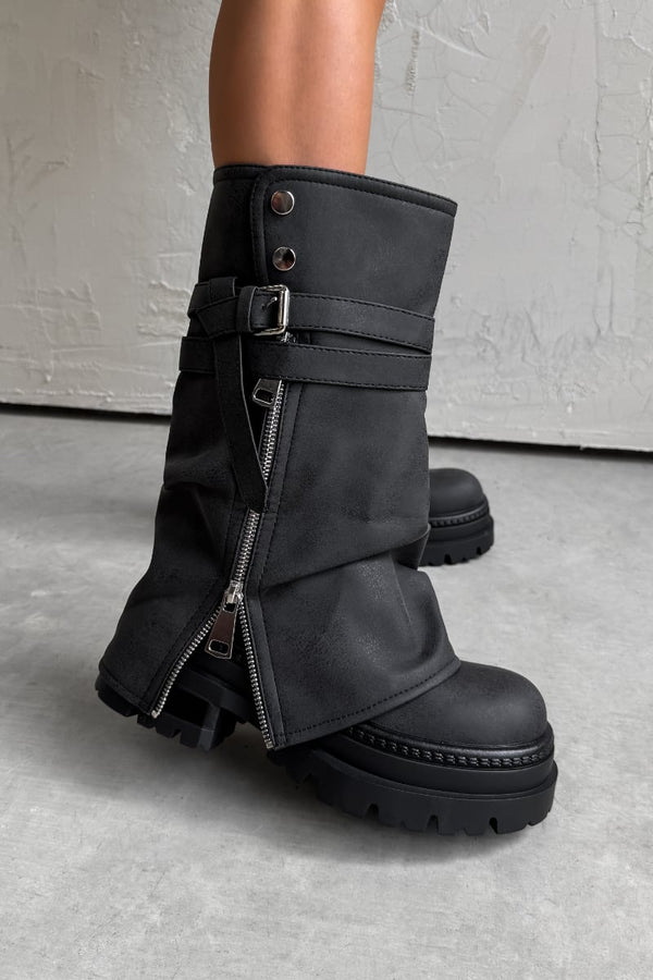 NEXT LEVEL Zip Flared Platform Boots - Washed Black - 5
