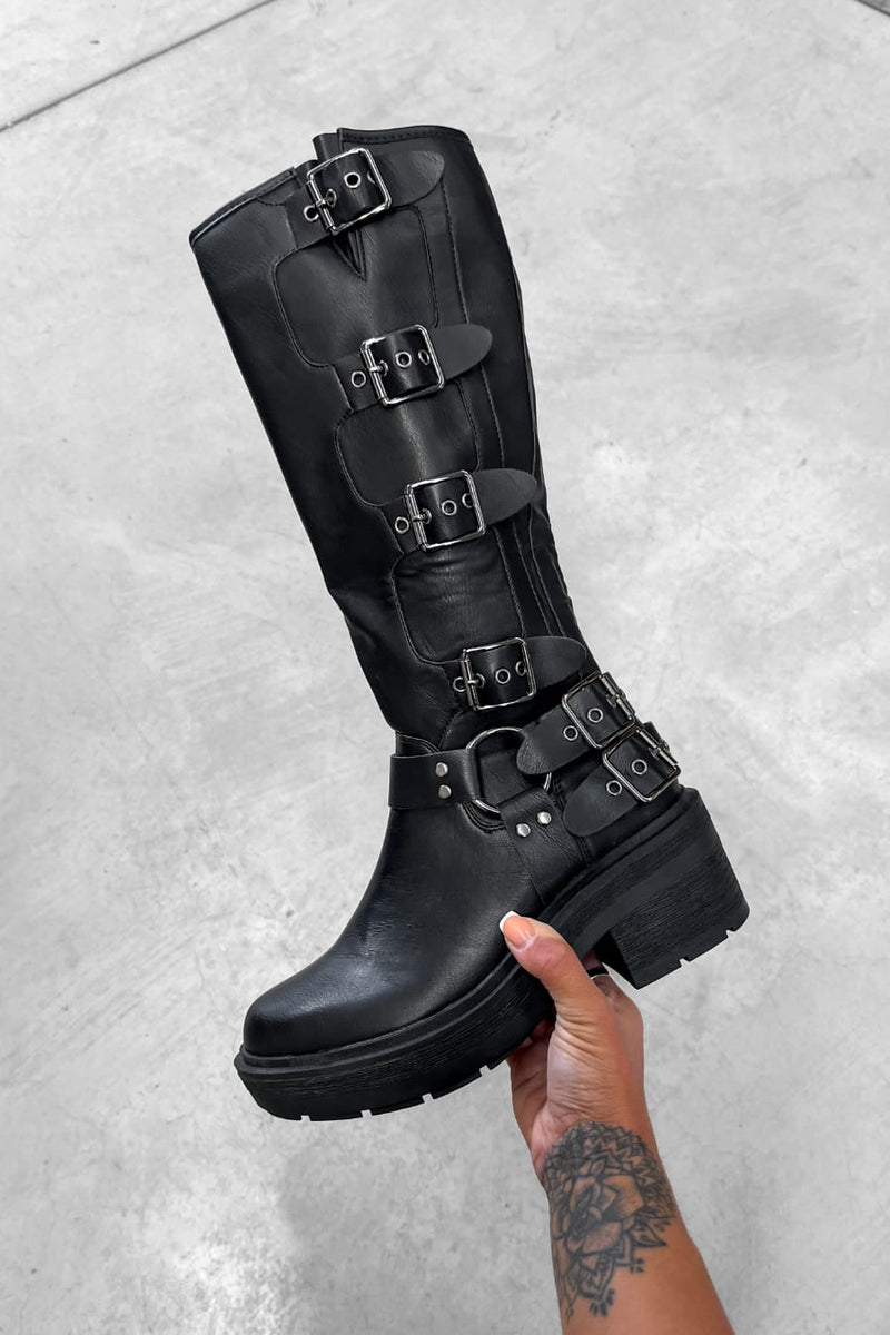 OREGON Chunky Buckle Biker Boots - Black