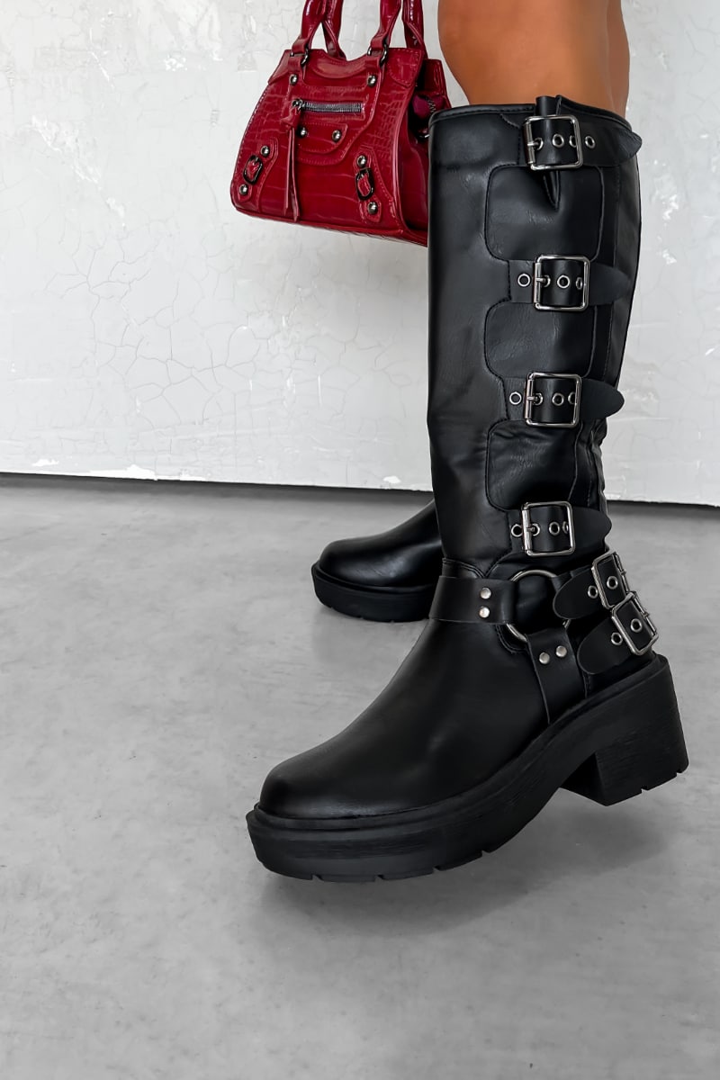 OREGON Chunky Buckle Biker Boots Black AJ VOYAGE