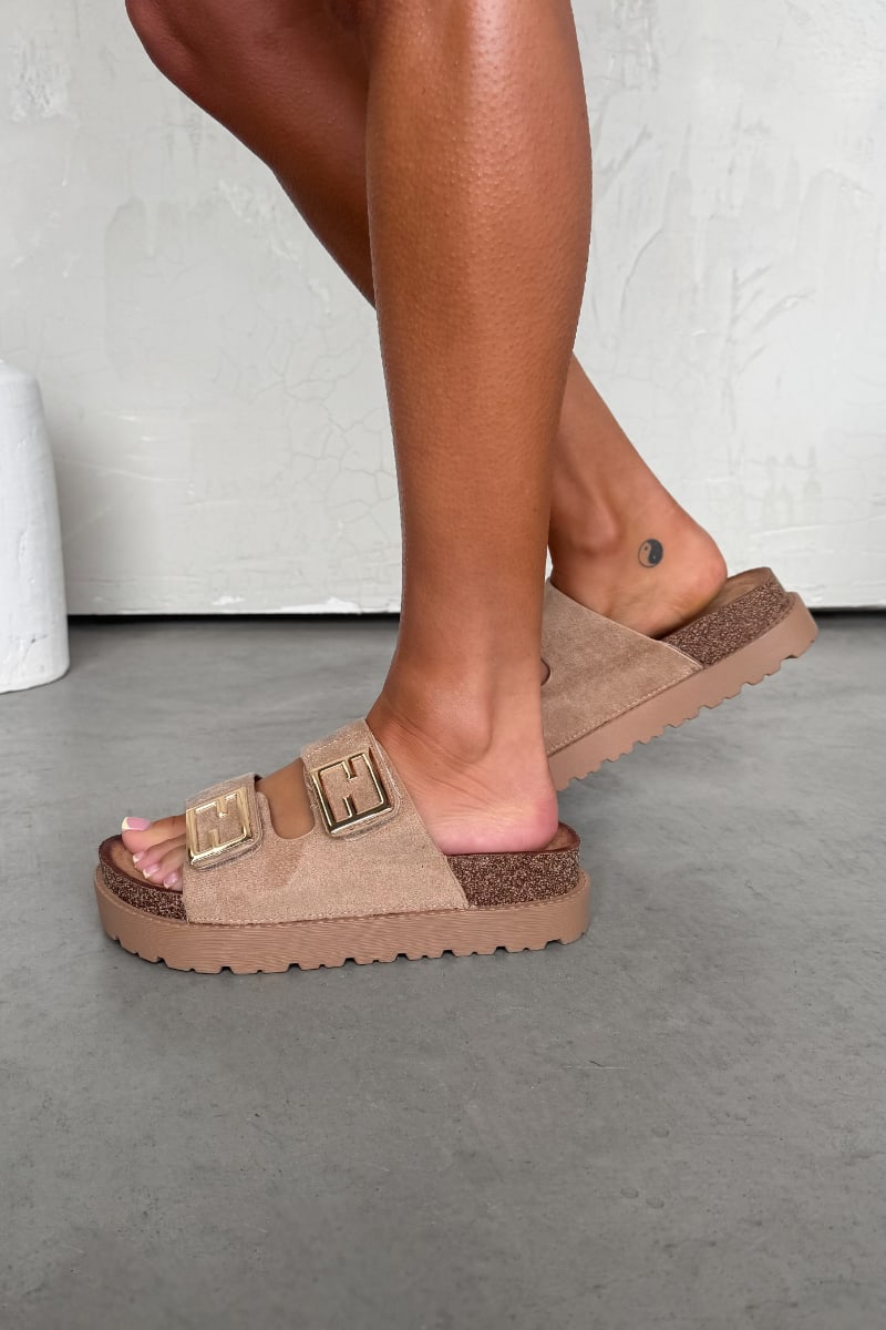 ORLA Chunky Gold Buckle Sandals - Beige