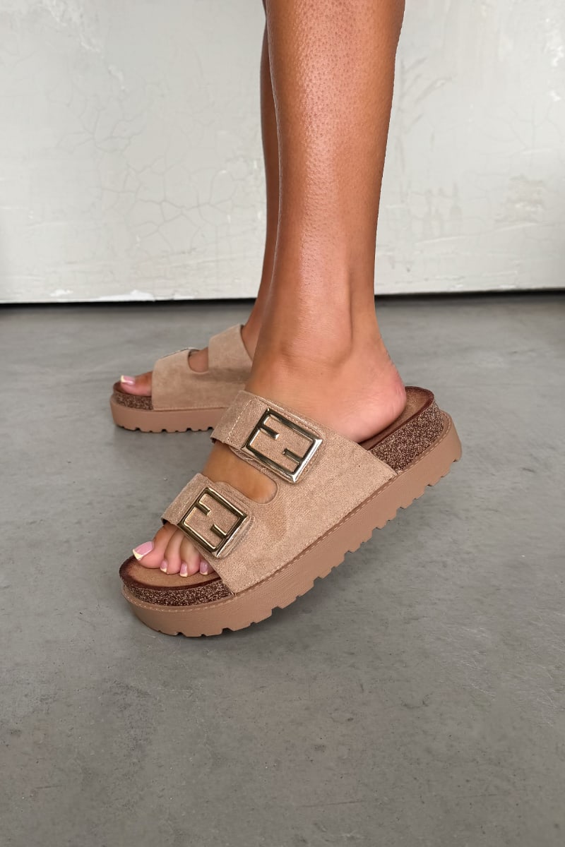 ORLA Chunky Gold Buckle Sandals - Beige - 1