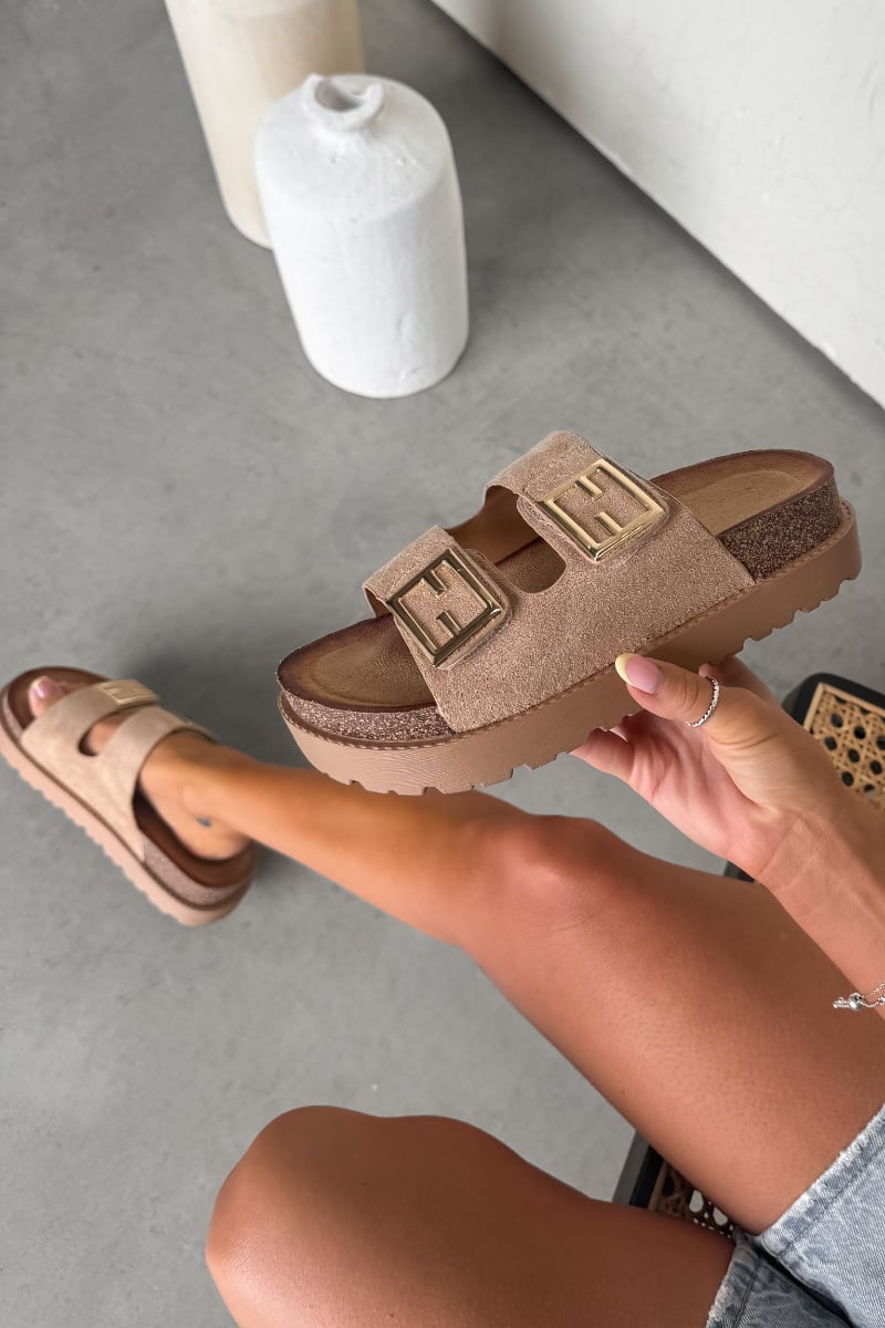 ORLA Chunky Gold Buckle Sandals - Beige - 5