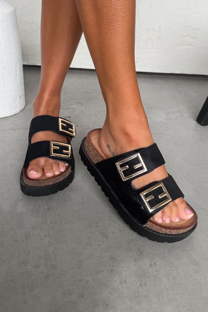 ORLA Chunky Gold Buckle Sandals - Black