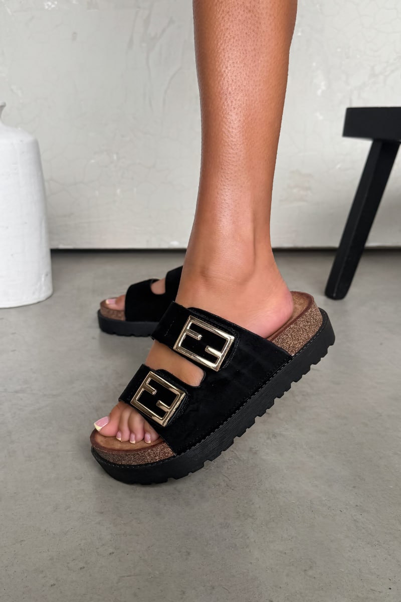 ORLA Chunky Gold Buckle Sandals - Black - 3