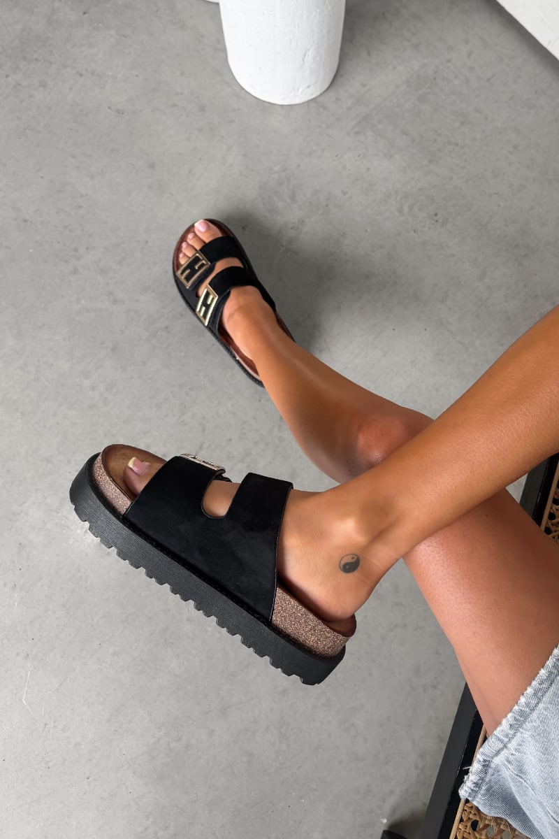ORLA Chunky Gold Buckle Sandals - Black - 5