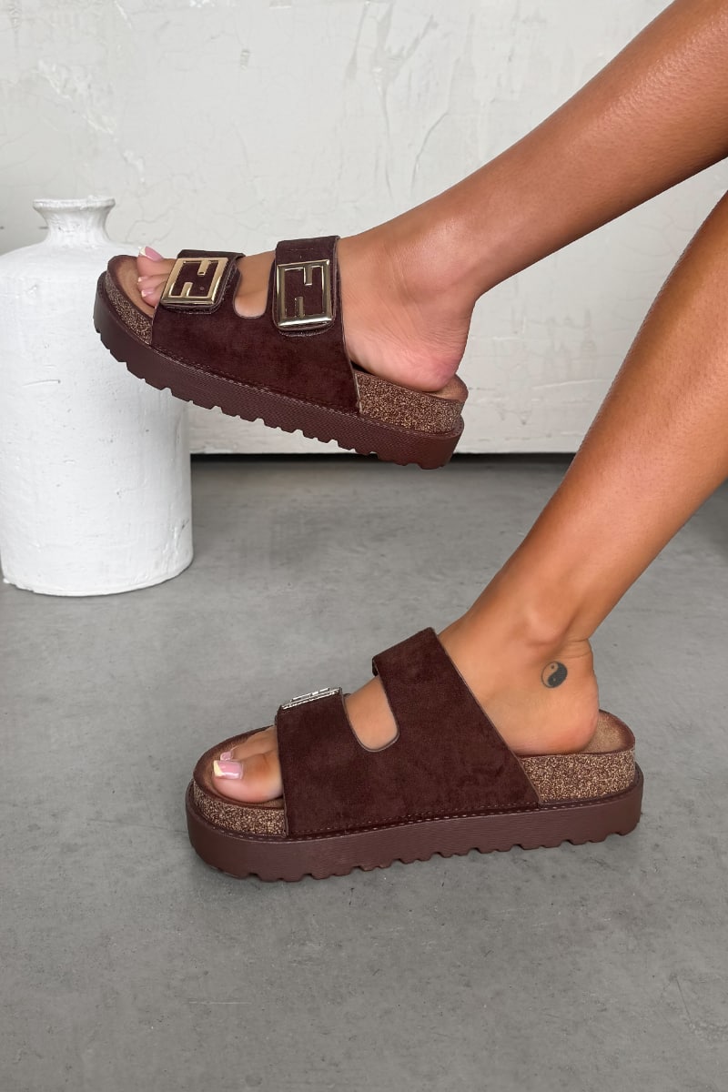 ORLA Chunky Gold Buckle Sandals - Brown