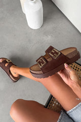 ORLA Chunky Gold Buckle Sandals - Brown - 1