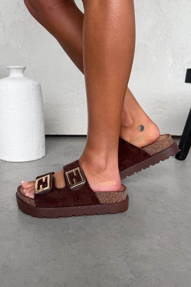 ORLA Chunky Gold Buckle Sandals - Brown - 2