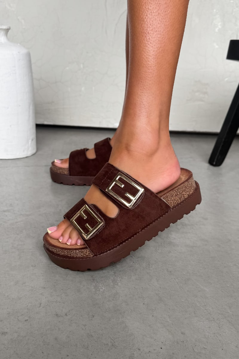 ORLA Chunky Gold Buckle Sandals - Brown - 3