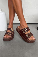 ORLA Chunky Gold Buckle Sandals - Brown - 5